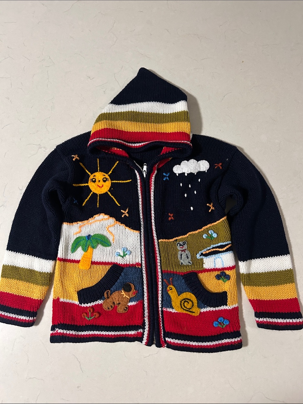 Kids Hooded Knit Jacket with Sunny Adventure Storybook Design-Navy
